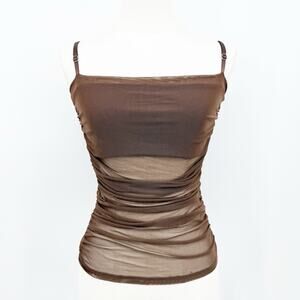 Open Edit Mesh Ruched Cami Top Brown Sheer Stretch Y2K S Fairy Grunge Minimalist
